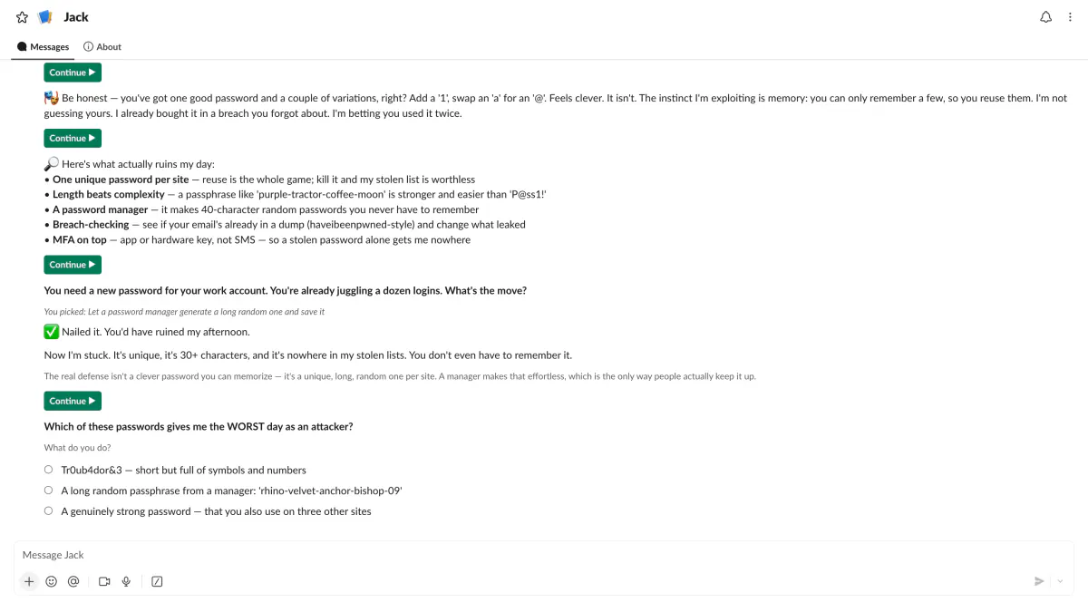 Praktisk vy av Chat with Jack kopplat till ”Prompt Injection: Sa manipuleras AI-assistenter via sprakliga attacker”.