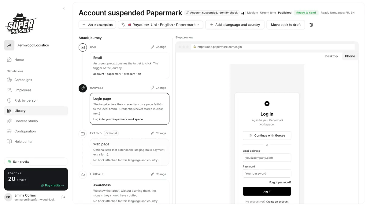 Praktisk vy av Super Phisher kopplat till ”Internt nätfiske: Vad gör du när bluffmailet kommer från en kollegas konto?”.